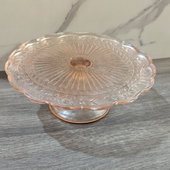 Vintage Pink Depression Glass Cake Stand With Scalloped Edges & Floral Design 9" - Picture 3 of 9